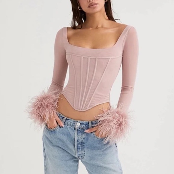 💥SOLD💥 House of CB Stella Blush Pink Mesh Feather Trimmed Corset Top Small - Picture 2 of 16